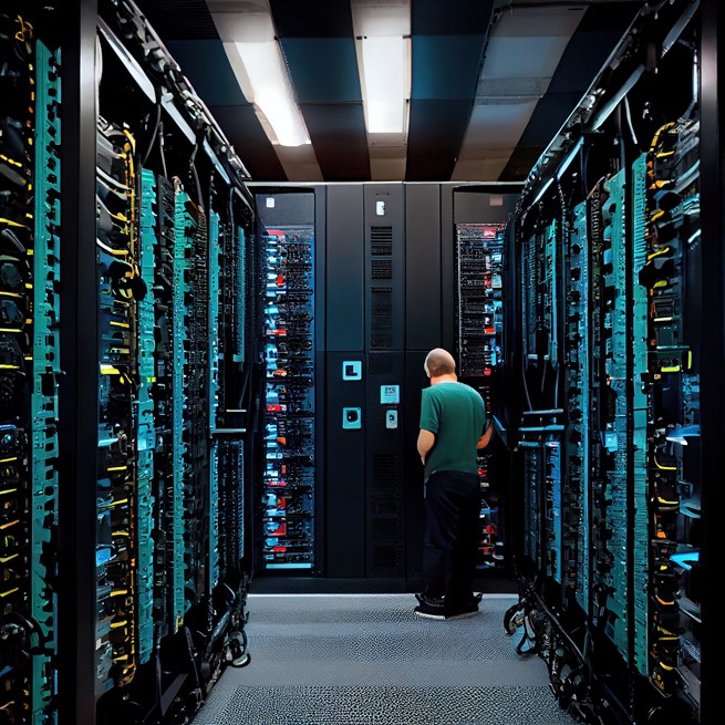 A senior engineer working in a data center