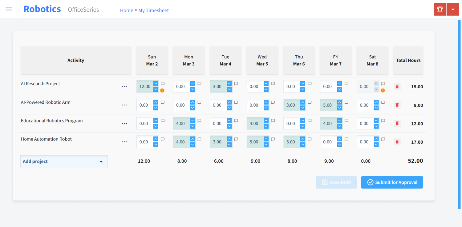 Robotics Timesheet Time Entry
